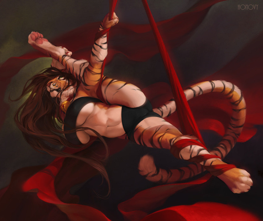 anthro bell breasts brown_hair clothed clothing collar digitigrade fabric feline female fur hair honovy long_hair mammal navel solo spread_legs spreading striped_fur stripes tiger uchoa under_boob whiskers white_belly