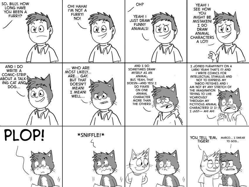 black_and_white cat comic denial dialog dialogue feline furry_fandom greyscale human mammal monochrome nude text the_truth transformation unknown_artist