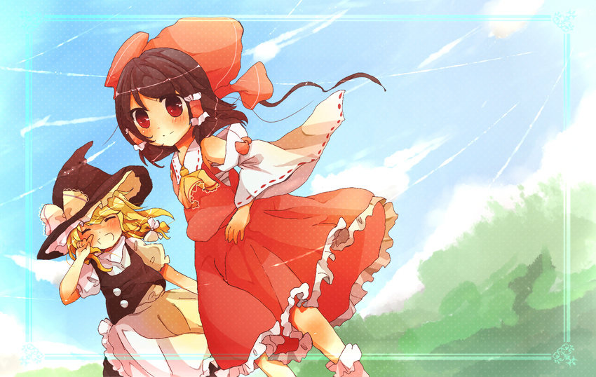 ^_^ apron armpits ascot bad_id bad_pixiv_id blonde_hair blush bow braid brown_hair closed_eyes day detached_sleeves dutch_angle frame frilled_skirt frills grin hair_bow hair_tubes hakurei_reimu hand_on_hip hat hat_ribbon japanese_clothes kirisame_marisa miko multiple_girls nanahamu open_mouth outdoors pointing red_eyes ribbon short_hair short_sleeves side_braid single_braid skirt smile touhou twintails white_legwear wind witch_hat