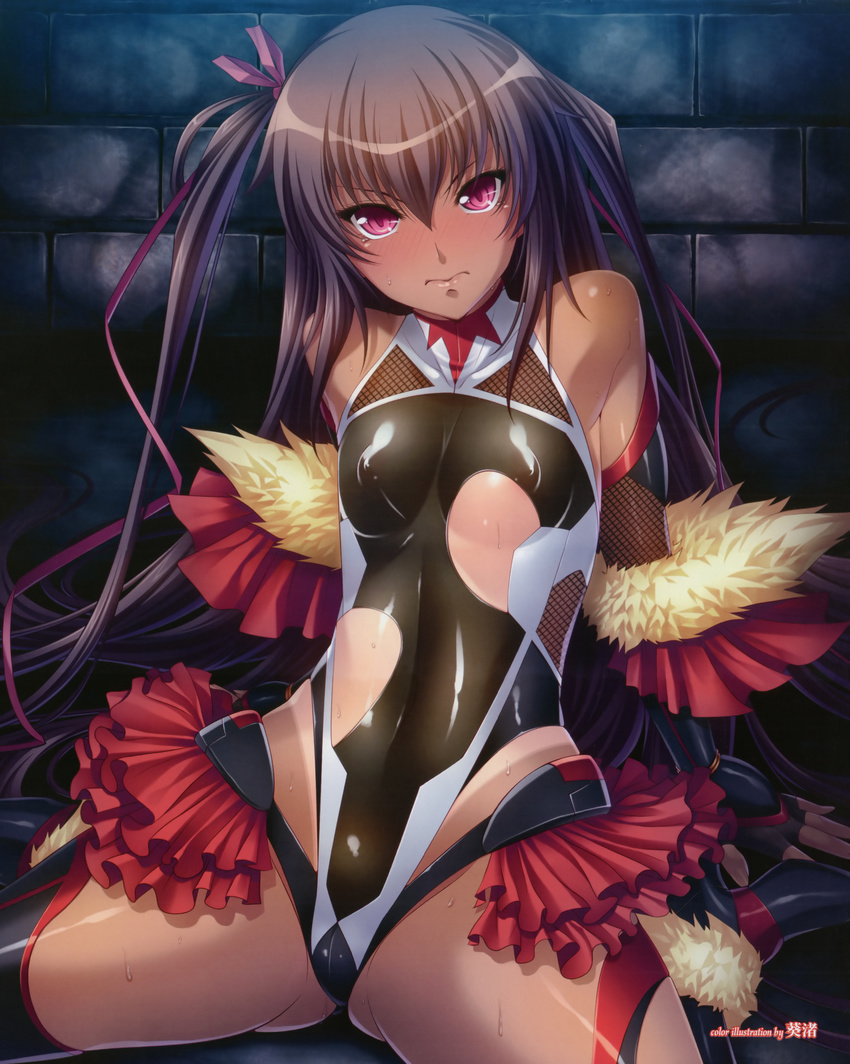 3: absurdres against_wall angry aoi_nagisa_(metalder) areola_slip areolae arm_support arms_behind_back artist_name bangs bare_shoulders black_gloves black_legwear blush boots bracelet breasts brick_wall cameltoe covered_nipples dark elbow_gloves embarrassed english fingerless_gloves fishnets flat_chest fur_trim gloves grey_hair hair_between_eyes hair_ribbon head_tilt high_heels highleg highleg_leotard highres indoors jewelry leotard lipgloss lips long_hair looking_at_viewer medium_breasts midriff miniskirt mizuki_yukikaze ninja official_art pink_eyes pleated_skirt purple_ribbon ribbon scan see-through shiny shiny_clothes shiny_hair shiny_skin shoes side_ponytail signature sitting skin_tight skirt slender_waist slit_pupils solo spread_legs sweat taimanin_(series) taimanin_yukikaze tan tanline thigh_boots thighhighs torn_clothes turtleneck two_side_up underboob very_long_hair waist_cutout wall wariza