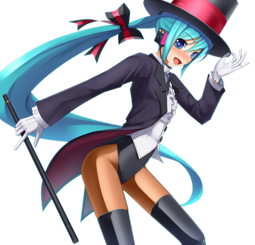 aqua_hair blue_eyes eto fishnet_pantyhose fishnets gloves hat hatsune_miku headset long_hair magician magician_(module) md5_mismatch miracle_paint_(vocaloid) open_mouth pantyhose ponytail project_diva project_diva_(series) simple_background solo thighhighs top_hat very_long_hair vocaloid wand white_background