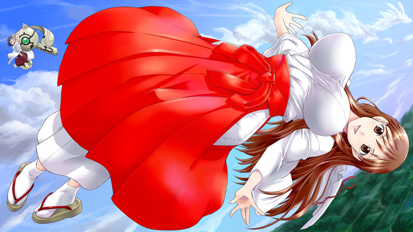 :d blue_hair blue_sky blush_stickers breasts brown_eyes brown_hair cloud day flying hakama happy highres japanese_clothes kamisama_dolls kuga_utao kukuri_(kamisama_dolls) large_breasts long_hair miko multiple_girls open_mouth red_hakama robot sandals shiba_hibino sideways sky smile tabi yaso_shigeru