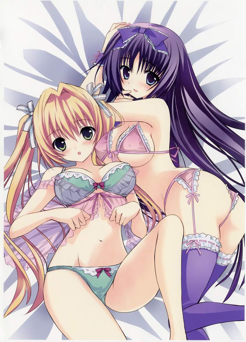 2girls absurdres artist_request babydoll bra breasts cleavage copyright_request frills garter_straps highres lingerie lying multiple_girls panta see-through thighhighs twintails underboob underwear