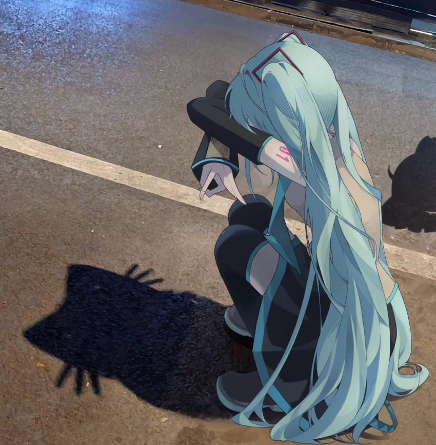 1girl absurdres arm_tattoo black_shoes black_skirt black_sleeves black_thighhighs blue_hair cat_shadow_puppet_(meme) dongam_salad grey_shirt hatsune_miku highres long_hair meme number_tattoo shirt shoes skirt solo squatting tattoo thighhighs twintails very_long_hair vocaloid w zettai_ryouiki