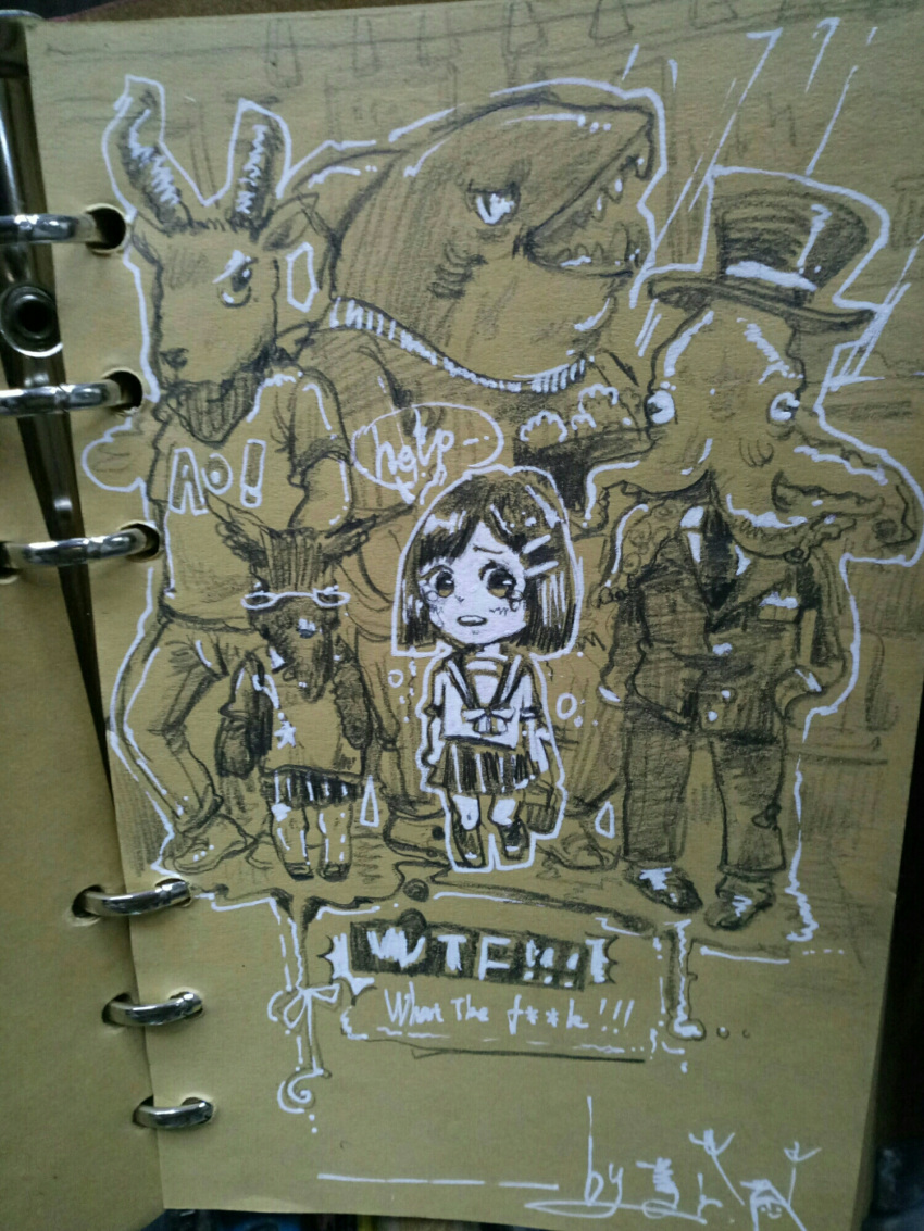 1girl 4boys blunt_bangs blunt_ends bob_cut bow bowtie briefcase brown_theme chibi chinese_commentary commentary_request crying crying_with_eyes_open deer_boy english_text eyelashes furry furry_male hat highres holding holding_briefcase indoors kneehighs kong_tiao_bo_zi looking_at_viewer miniskirt multiple_boys octopus_boy original outline photo_(medium) pleated_skirt sad sailor_collar school_uniform serafuku shark_boy shirt shoes short_hair short_sleeves signature skirt socks speech_bubble suit sunglasses t-shirt tareme tears top_hat traditional_media train_interior uwabaki white_outline