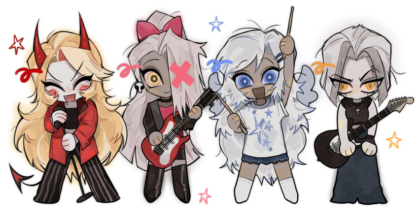 4girls angel angel_wings blonde_hair blue_eyes blush_stickers charlie_morningstar dark-skinned_female dark_skin demon_girl demon_horns demon_tail electric_guitar emily_(hazbin_hotel) guitar hazbin_hotel highres horns instrument looking_at_viewer lute_(hazbin_hotel) medium_hair multiple_girls smile tail tppiiiiqqt vaggie white_hair wings yellow_eyes