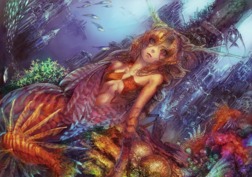 bad_id bad_pixiv_id dutch_angle fish horns mermaid monster_girl munashichi orange_hair original sitting solo underwater underwater_city