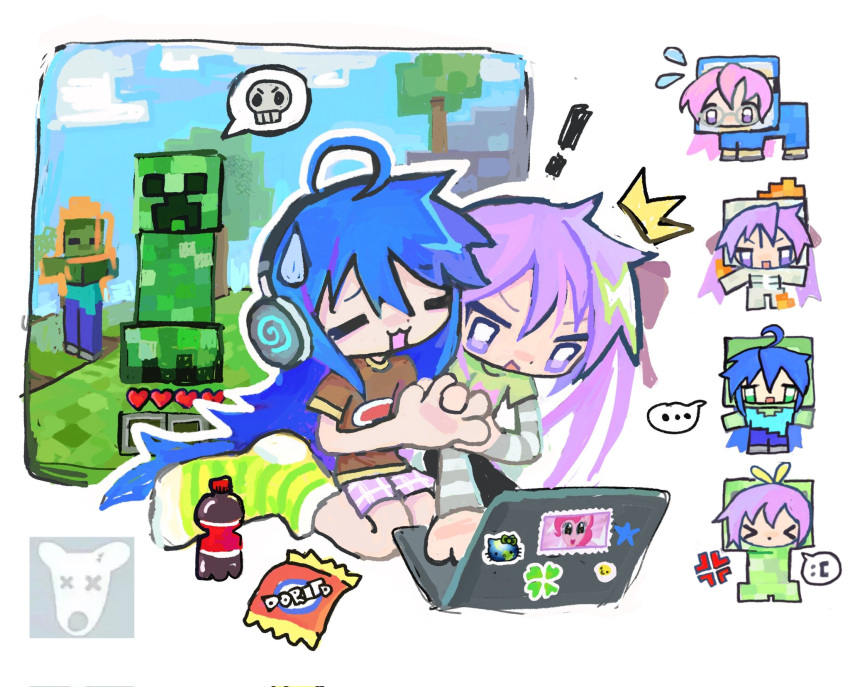 ! ... 2girls 4chan ahoge anger_vein blue_hair chibi chibi_inset closed_eyes cola computer creeper doritos headphones hello_kitty_(character) highres hiiragi_kagami hiiragi_tsukasa holding_hands http_oopsy implied_yuri izumi_konata laptop lucky_star minecraft multiple_girls notice_lines pinkie_pie playing_games purple_eyes purple_hair sheep_(minecraft) skeleton_(minecraft) spoken_ellipsis spoken_skull sweatdrop takara_miyuki v-shaped_eyebrows white_background zombie_(minecraft)