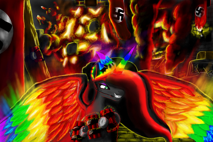 dynamite equine explosion explosive female headphone horn laaseensld swastika winged_unicorn wings