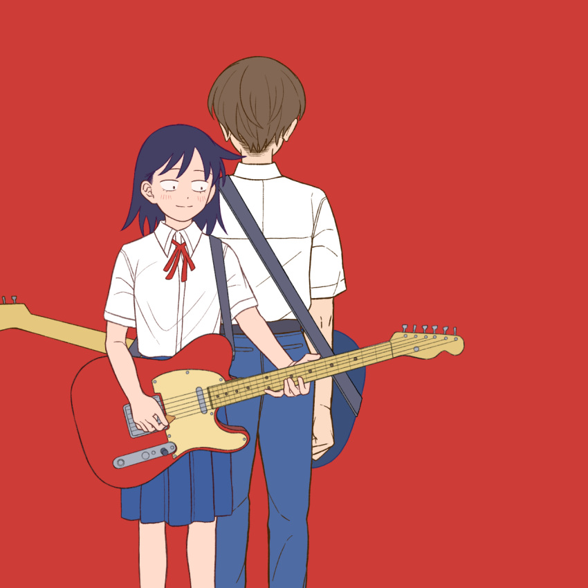 1boy 1girl black_eyes blue_hair blue_skirt brown_hair color_contrast denim facing_away futsuu_no_keion-bu guitar guitar_strap hatono_chihiro highres holding holding_guitar holding_instrument holding_plectrum instrument jeans light_smile looking_to_the_side music pants playing_guitar playing_instrument pleated_skirt plectrum red_background red_ribbon ribbon school_uniform shirt sitesitei skirt small_pupils takami_kouki white_shirt