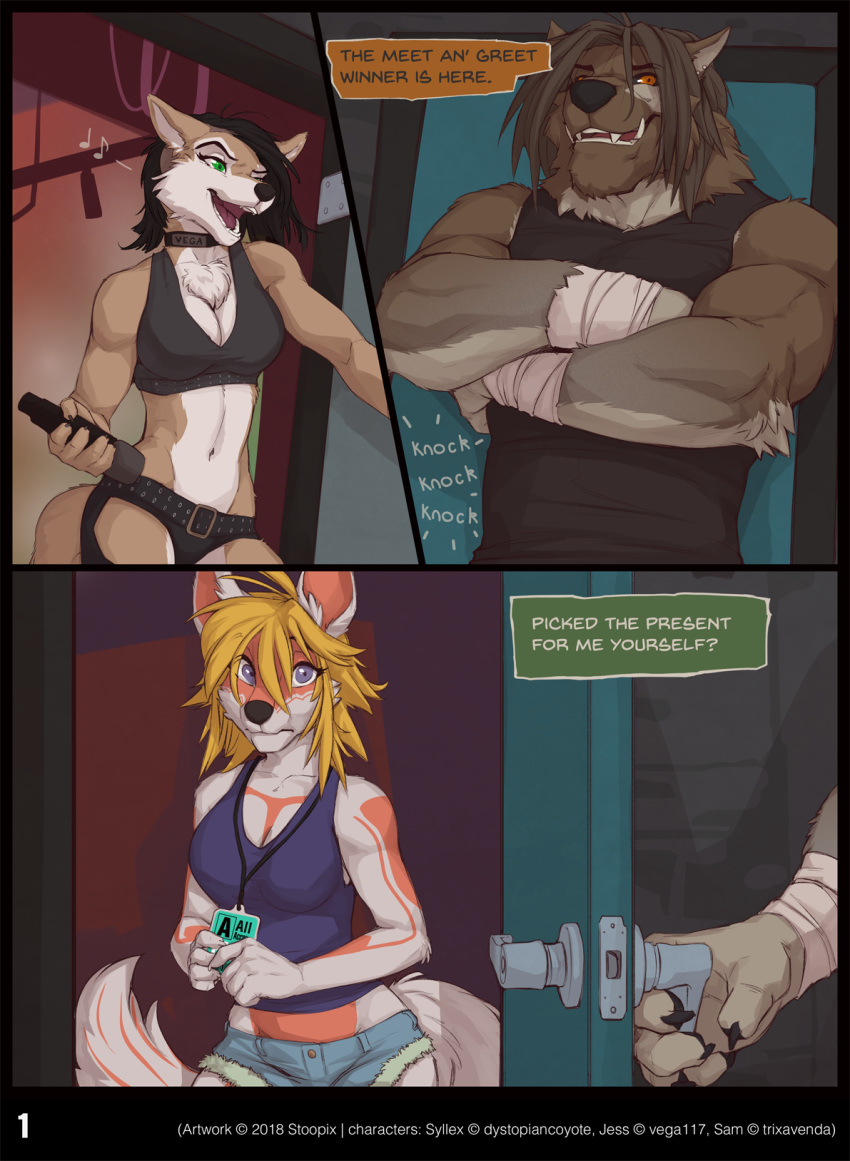 2018 anthro canid canine clothed clothing comic english_text female fur hair jessica_vega male mammal stoopix syllex text