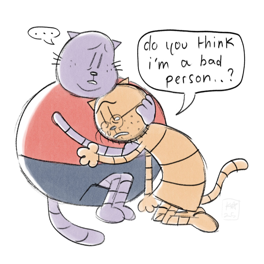 1:1 2025 anthro big_jim_(dog_man) bodily_fluids dialogue dog_man_(series) domestic_cat duo ellipsis english_text eyewear felid feline felis glasses grampa_(dog_man) hi_res hug male mammal ohmeowgerd overweight sad simple_background sitting tears text white_background