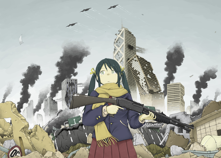 absurdres aircraft airplane anyan_(jooho) b-52_stratofortress black_hair building city destruction gun highres long_hair original remington_870 road_sign ruins scarf shotgun sign sky smoke solo twintails weapon