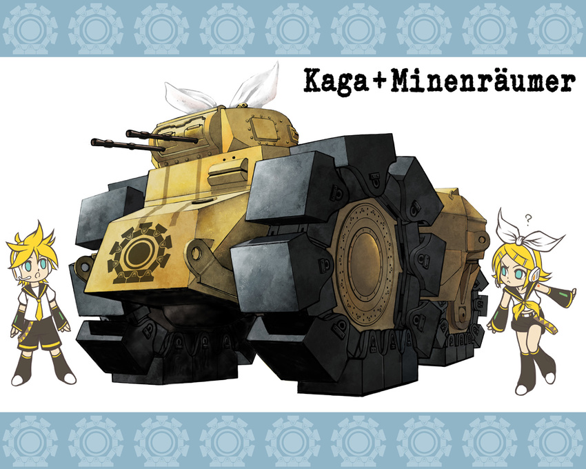 1girl ? alternate_color blonde_hair brother_and_sister detached_sleeves green_eyes ground_vehicle gun hair_ribbon headset janome_gochou kagamine_len kagamine_rin military military_vehicle minenraumer motor_vehicle necktie open_mouth pun ribbon siblings tank twins vocaloid wallpaper weapon wheel world_war_ii