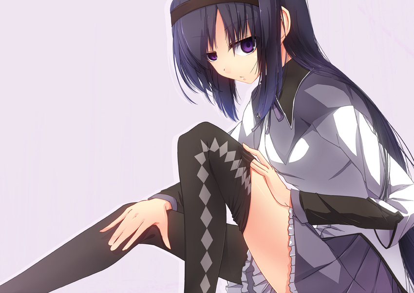 akemi_homura argyle argyle_legwear black_hair black_legwear capelet hairband kurasaki_cority long_hair magical_girl mahou_shoujo_madoka_magica pleated_skirt purple_eyes purple_hair ribbon skirt solo thighhighs thighhighs_pull undressing