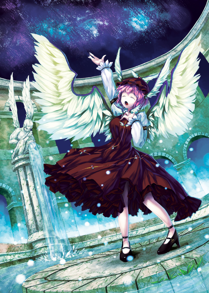 animal_ears arch arm_up brown_dress closed_eyes danbo_(rock_clime) dress hand_on_own_chest hat head_wings high_heels highres music mystia_lorelei open_mouth pedestal pillar pink_hair shirt shoes short_hair singing solo statue touhou water well wings