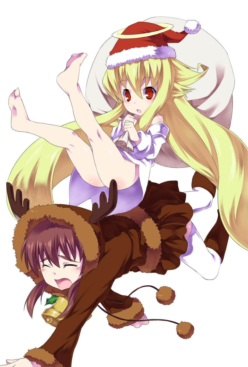 all_fours angelia_avallone animal_costume aq_interactive arcana_heart arcana_heart_2 ass atlus bag barefoot bell blonde_hair blush bottomless brown_hair child christmas dress_shirt examu eyes_closed feet fiona_mayfield flat_chest halo hat highres hood hoodie long_hair multiple_girls off_shoulder open_mouth red_eyes reindeer_costume santa_hat shirt short_twintails skirt sleeves_past_wrists tears thighhighs torimaru twintails very_long_hair white_legwear