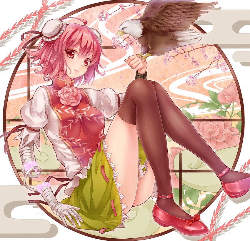 animal bald_eagle bandages bird bird_on_hand black_legwear breasts bun_cover chain cherry_blossoms chinese_clothes cuffs dabadhi double_bun eagle egasumi floral_background floral_print flower highres ibaraki_kasen light_smile medium_breasts peony_(flower) pink_eyes pink_flower pink_hair pink_rose red_eyes rose round_window shackles short_hair sitting skirt solo tabard thighhighs touhou window