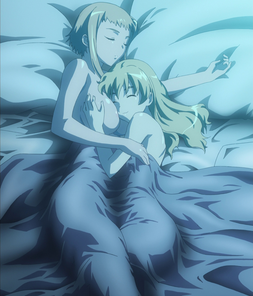 2girls arm arms back bare_shoulders bed bed_sheet blonde_hair breast_grab breast_pillow breasts covering elina eyes_closed fanservice female grabbing happy highres hug incest leina long_hair lying multiple_girls nude nude_cover on_side pillow queen's_blade queen's_blade screencap shoujo_ai siblings sisters sleeping smile subtext under_covers yuri