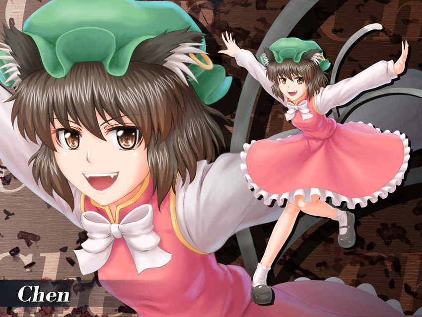animal_ears bow brown_eyes brown_hair cat_ears cat_tail character_name chen earrings fangs hat jewelry mary_janes multiple_tails nazal nekomata open_mouth outstretched_arms shirt shoes short_hair skirt skirt_set smile socks solo spread_arms tail touhou vest white_legwear zoom_layer