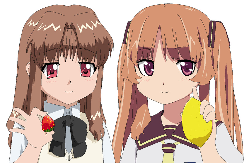 ano_natsu_de_matteru blush bow brown_hair creator_connection crossover food fruit gyess963 hair_ribbon holding holding_food holding_fruit lemon long_hair morino_ichigo multiple_girls onegai_teacher onegai_twins pun purple_eyes ribbon school_uniform seiyuu_connection serafuku smile strawberry sweater_vest tamura_yukari twintails yamano_remon