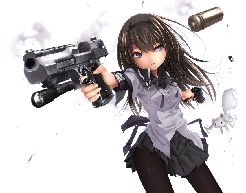 1girl akemi_homura beretta black_hair casing_ejection desert_eagle dual_wielding flashlight foreshortening gun hairband handgun kyubey locked_slide long_hair magical_girl mahou_shoujo_madoka_magica pantyhose pistol profanity purple_eyes shell_casing simple_background skirt smoke smoking_gun solo terabyte_(rook777) watch weapon wristwatch