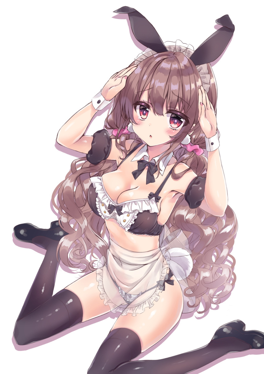 1girl :o animal_ears apron arms_up bangs bare_shoulders bikini black_bikini black_bow black_footwear black_sleeves blush bow bow_bra bra breasts brown_hair brown_legwear bunny_ears bunny_pose cleavage collarbone commentary_request curly_hair detached_collar detached_sleeves eyebrows_visible_through_hair frilled_apron frills hair_between_eyes high_heels highres honoka_chiffon long_hair looking_at_viewer low_twintails maid_bikini maid_headdress medium_breasts original parted_lips puffy_short_sleeves puffy_sleeves red_eyes see-through shoes short_sleeves side-tie_bikini sitting solo swimsuit thighhighs twintails underwear very_long_hair waist_apron wariza white_apron white_background white_collar wrist_cuffs