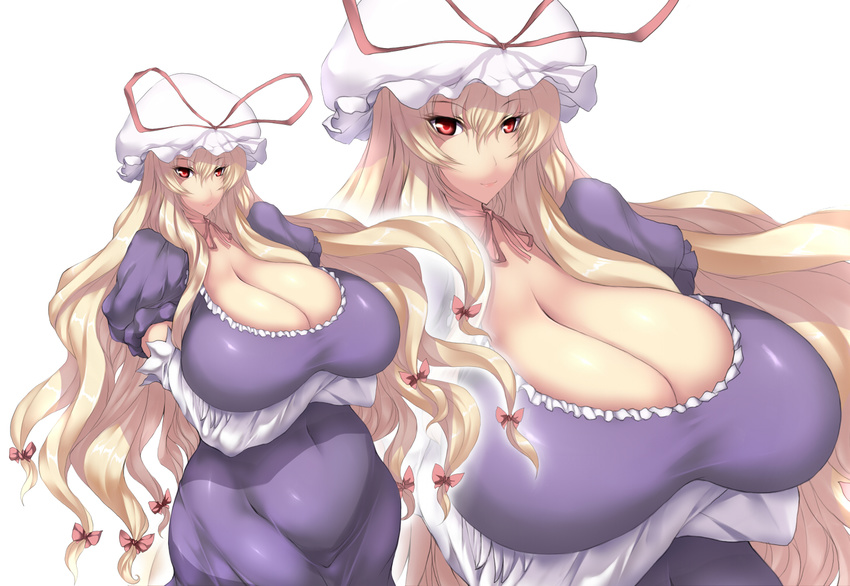 1girl blonde blonde_hair breast_hold breasts cleavage crossed_arms curvy dress female gigantic_breasts hat highres hips huge_breasts long_hair navel red_eyes simple_background solo touhou tsukasawa_takamatsu tsukazawa wavy_hair wide_hips yakumo_yukari