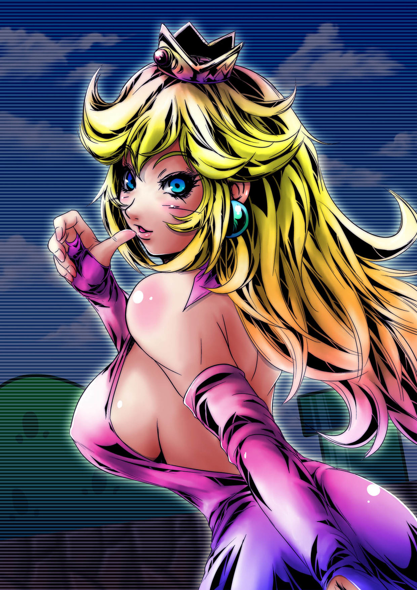 backless_dress backless_outfit blonde_hair blue_eyes blush breasts crown dress elbow_gloves gloves highres large_breasts lips long_hair looking_back mario_(series) pant-3 princess_peach scanlines sideboob solo super_mario_bros.