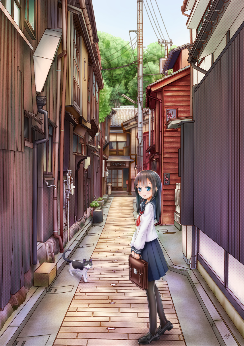 absurdres alley bag bell bell_collar black_footwear black_hair black_legwear blue_eyes box briefcase cardboard_box collar day drainpipe forest gotou_hisashi highres holding house light_smile loafers long_hair looking_at_viewer nature open_door original pantyhose plant pole potted_plant power_lines sailor_collar school_bag school_uniform serafuku shoes signature skirt sky solo tree vanishing_point