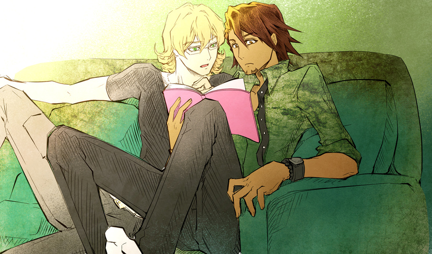 barnaby_brooks_jr blonde_hair book bracelet brown_eyes brown_hair facial_hair glasses green_eyes jacket jewelry kaburagi_t_kotetsu male_focus multiple_boys necktie reading shirt socks stubble t-shirt tiger_&amp;_bunny twenty watch wristwatch