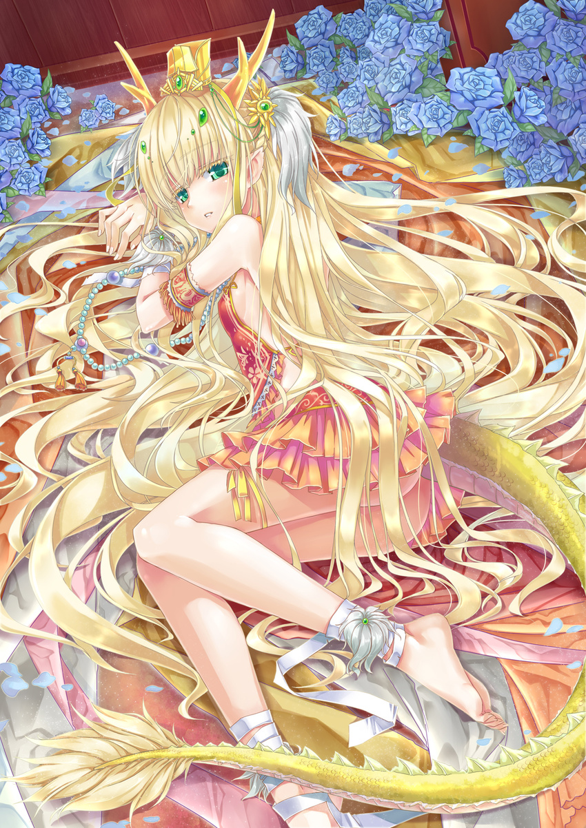 ankle_ribbon armlet armpits ass barefoot blonde_hair blue_flower blue_rose breasts colored_eyelashes dragon_girl dragon_horns dragon_tail dress flower green_eyes hair_ornament highres hika_(cross-angel) horns jewelry long_hair looking_at_viewer lying monster_girl necklace new_year no_panties on_side original petals pointy_ears ribbon rose skirt small_breasts solo tail very_long_hair