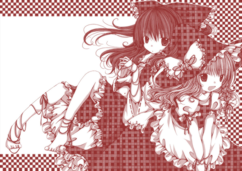 apron bad_id bad_pixiv_id barefoot bow checkered checkered_background hair_bow hair_tubes hakurei_reimu hat hat_bow kasuga_sunao kirisame_marisa long_hair midriff monochrome multiple_girls open_mouth plaid red red_string ribbon skirt skirt_set smile string touhou unmoving_pattern v_arms witch_hat