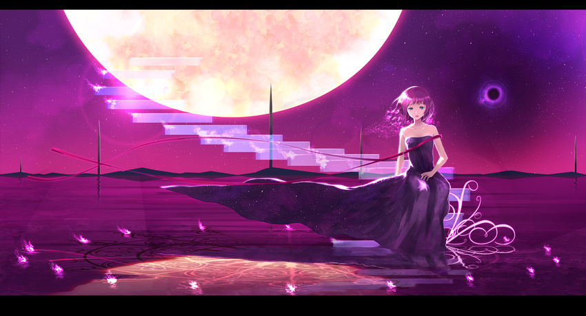 aqua_eyes bad_id bad_pixiv_id bare_shoulders black_dress dress full_moon jname letterboxed moon original pink_hair purple reflection ribbon sky solo stairs star_(sky) starry_sky strapless strapless_dress surreal