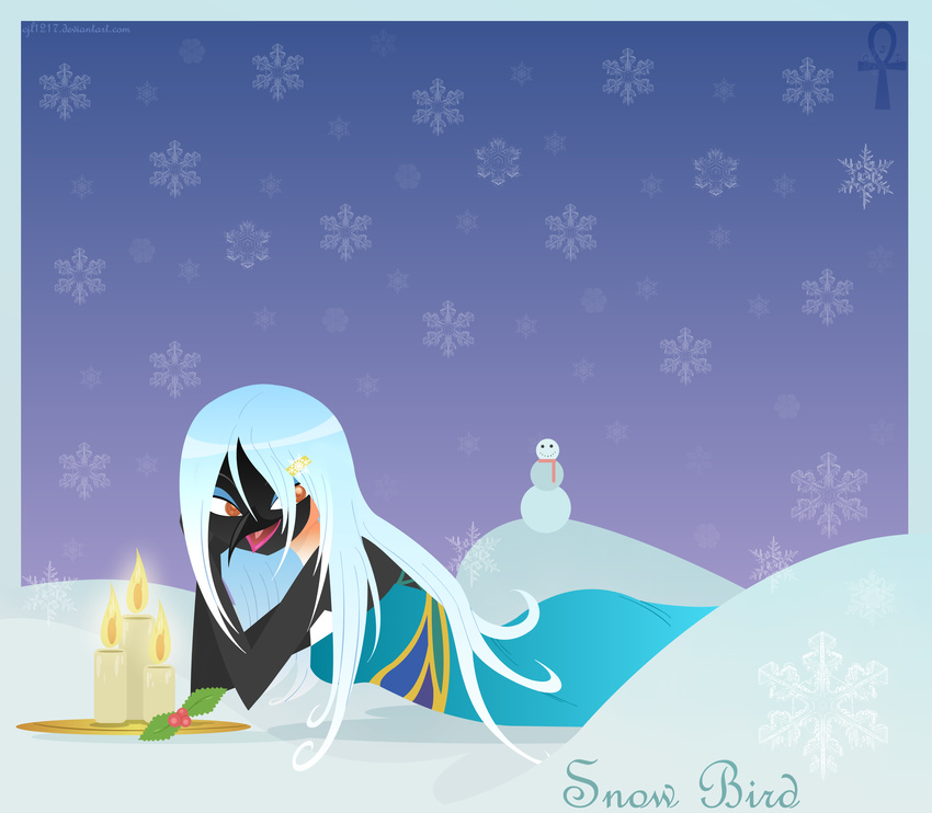 avian beak black black_body brown_eyes candle cjl1217 cyan_hair dress female fire hair hi_res jewish long_hair long_white_hair lying on_front pattern_background penguin snow snowflake snowman solo white_hair