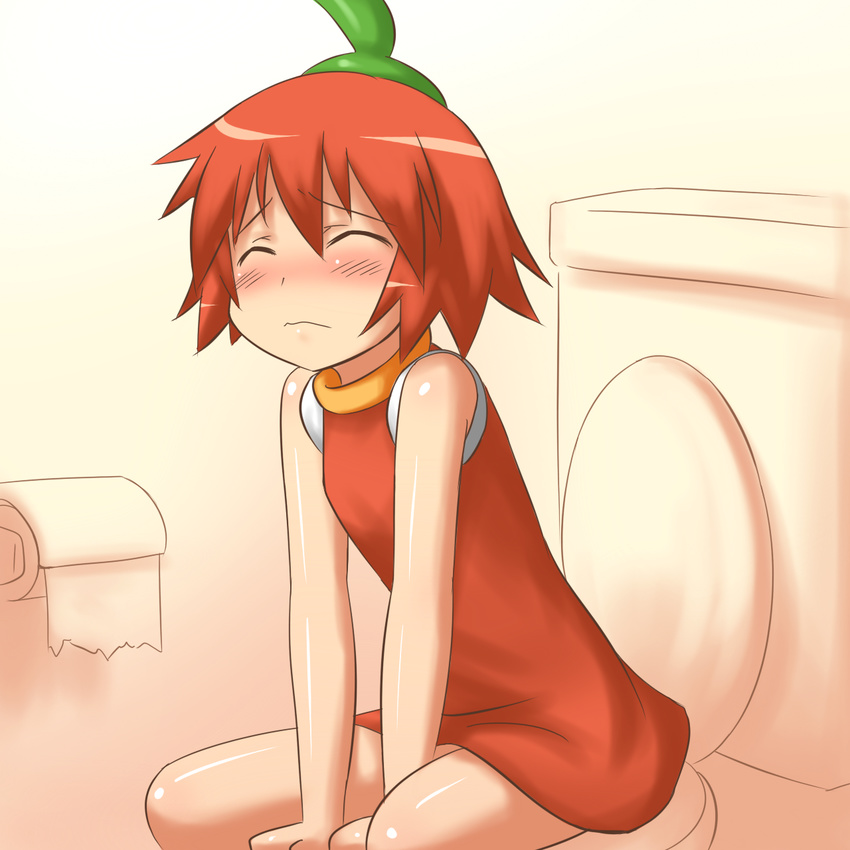 1girl aaaa arm_support blush character_request child dress eyes_closed full-face_blush habanero habanero-tan hair_between_eyes highres red_hair shiny shiny_hair shiny_skin short_hair sitting sleeveless solo tissue toilet toilet_use