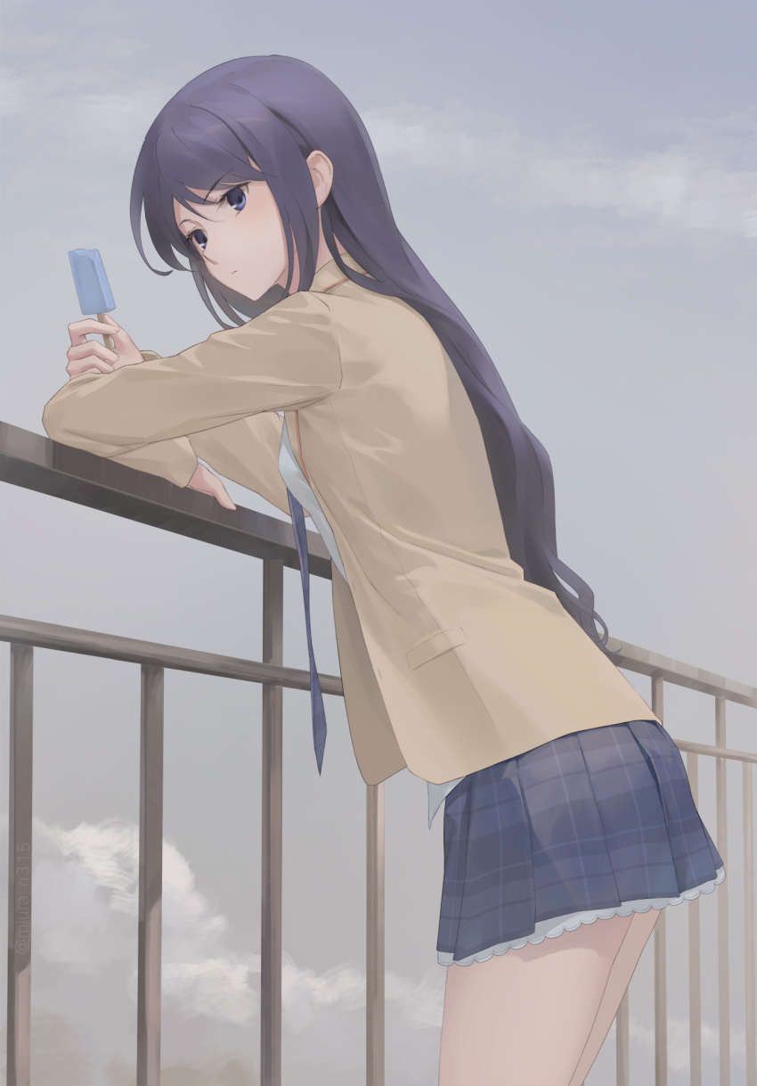 1girl against_railing aoi_sena chaos;head coat cowboy_shot food highres long_hair long_sleeves miniskirt miura-n315 necktie overcoat popsicle purple_eyes purple_hair railing skirt solo