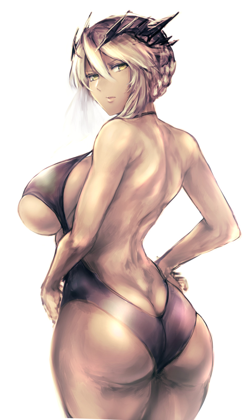 1girl absurdres artoria_pendragon_(all) artoria_pendragon_(lancer_alter) ass back black_leotard blonde_hair braid breasts butt_crack commentary_request crown dark_persona fate/grand_order fate_(series) french_braid from_behind hair_between_eyes halterneck highres hometa large_breasts leotard looking_at_viewer looking_back sideboob underboob yellow_eyes