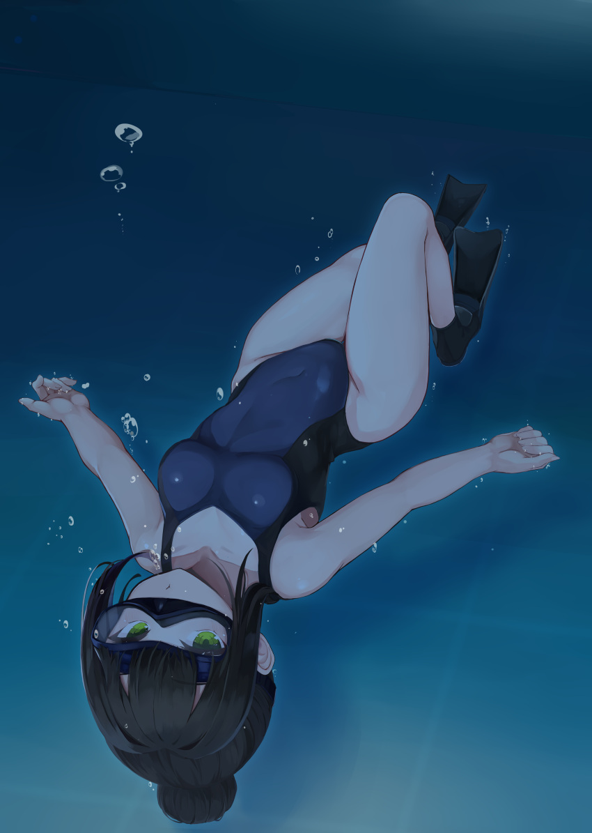 1girl absurdres black_hair blue_one-piece_swimsuit breasts commentary_request commission competition_swimsuit covered_navel diving_mask flippers freediving goggles green_eyes hair_bun hamaguchi_ayame highres holding_breath idashige_(walkietalkie) idolmaster idolmaster_cinderella_girls long_hair looking_at_viewer one-piece_swimsuit pixiv_commission single_hair_bun small_breasts solo swimsuit underwater
