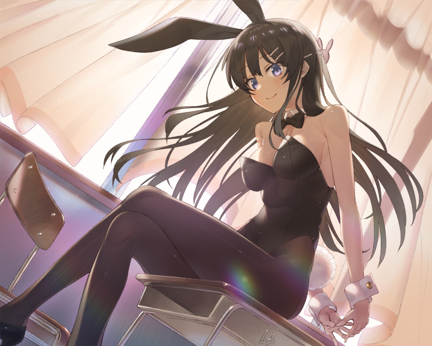 animal_ears bare_shoulders black_footwear black_leotard black_neckwear blush bow bowtie breasts brown_hair brown_legwear bunny_ears bunny_girl bunny_tail bunnysuit chair closed_mouth commentary crossed_legs curtains day desk detached_collar feet_out_of_frame hair_ornament hairclip hayashi_kewi indoors leaning_forward leotard long_hair looking_at_viewer medium_breasts on_desk pantyhose purple_eyes revision sakurajima_mai school_desk seishun_buta_yarou sitting sitting_on_desk smile solo strapless strapless_leotard sunlight tail very_long_hair white_collar window wing_collar wrist_cuffs