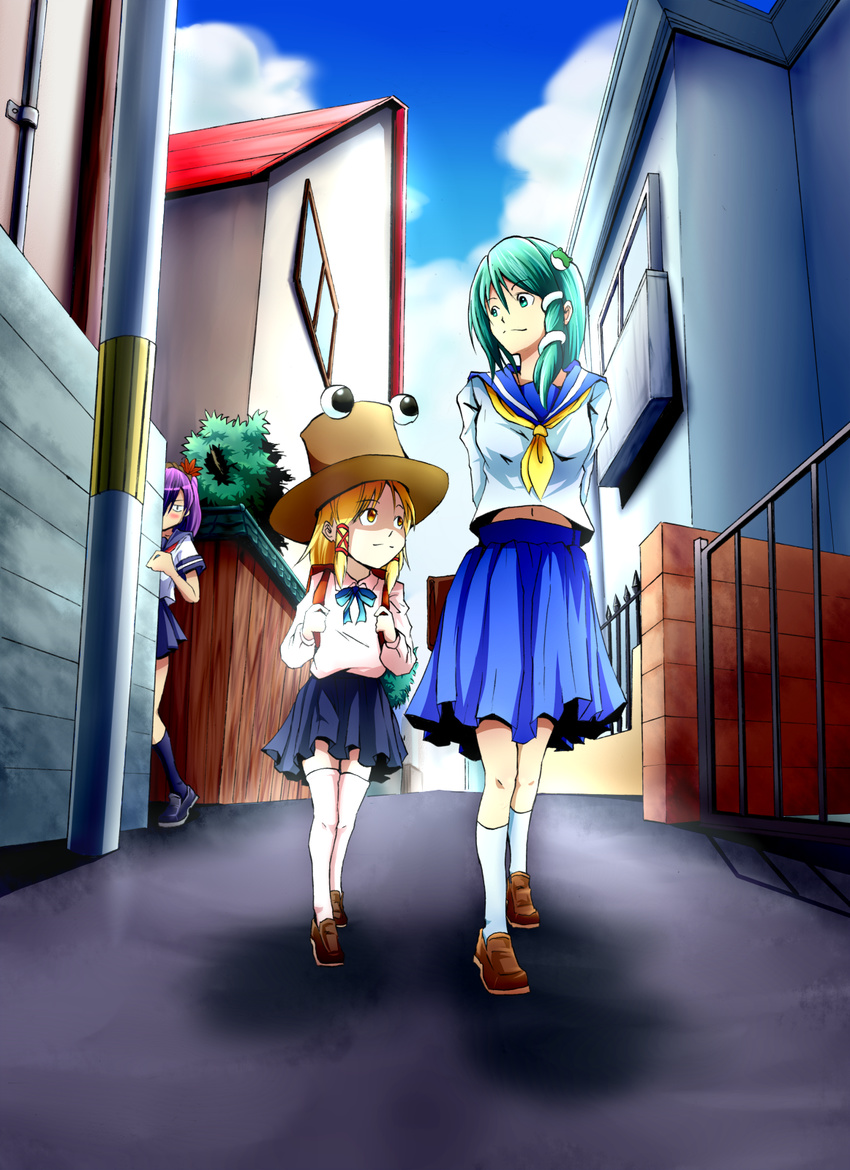 alternate_costume backpack bad_id bad_pixiv_id bag blonde_hair blush building contemporary green_eyes green_hair hair_ornament hair_tubes hat highres kochiya_sanae koji_(koji-a) leaf long_hair moriya_suwako multiple_girls peeking_out purple_hair school_uniform serafuku short_hair skirt smile socks stalking thighhighs touhou yasaka_kanako yellow_eyes