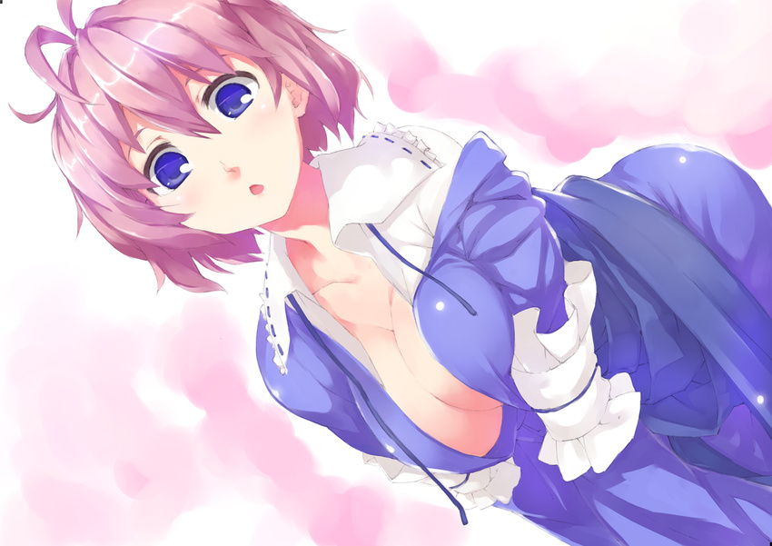 blue_eyes breasts cleavage japanese_clothes large_breasts no_hat no_headwear open_clothes open_mouth pink_hair pino_(birthdayparty) saigyouji_yuyuko short_hair solo touhou