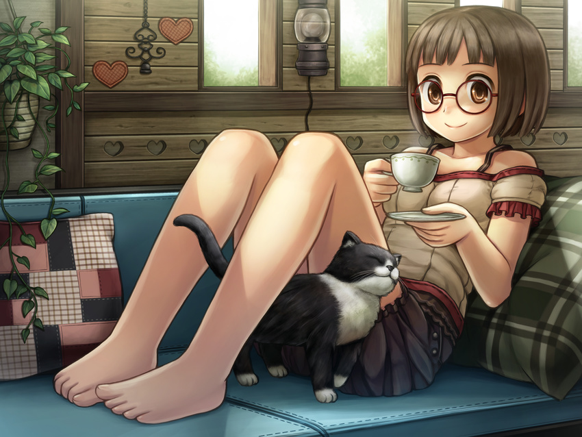 barefoot brown_eyes brown_hair cat couch cup feet glasses highres indoors legs namaru_(summer_dandy) original pillow saucer short_hair sitting smile solo