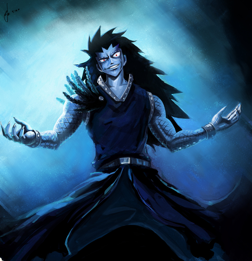 absurdres barbell_piercing black_hair bracer claws ear_piercing eyebrow_piercing fairy_tail feathers gajeel_redfox highres huge_filesize lip_piercing long_hair male_focus md5_mismatch metal non-cubic nose_piercing piercing red_eyes resized sharp_teeth shirt sleeveless sleeveless_shirt slit_pupils smirk solo spiked_hair teeth upscaled