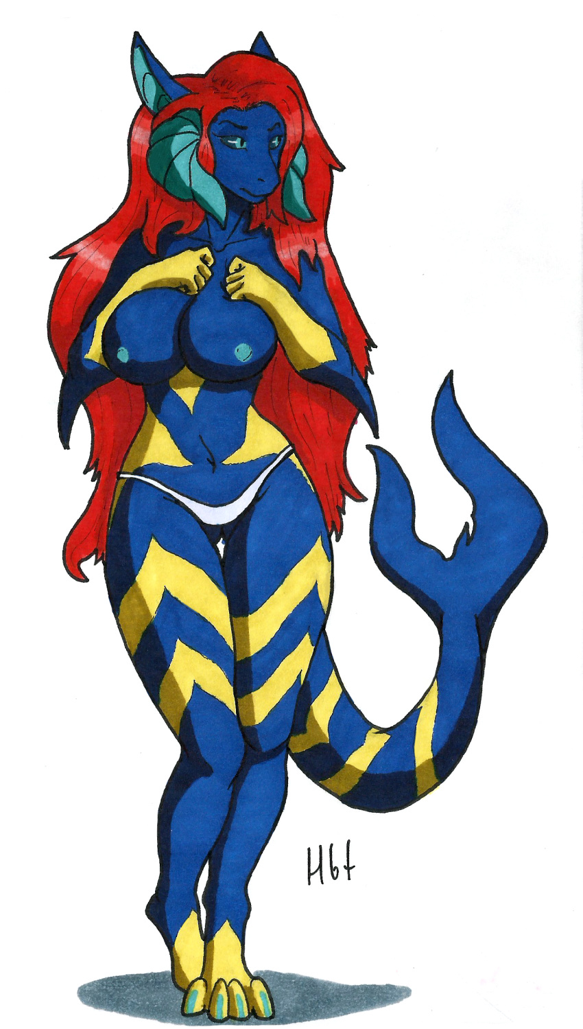 2019 anthro bare_shoulders barefoot big_breasts big_thighs breasts curvaceous eyebrows eyelashes female fish haibet hair hi_res horn humanoid_hands marine nipples shark simple_background solo standing thick_thighs voluptuous