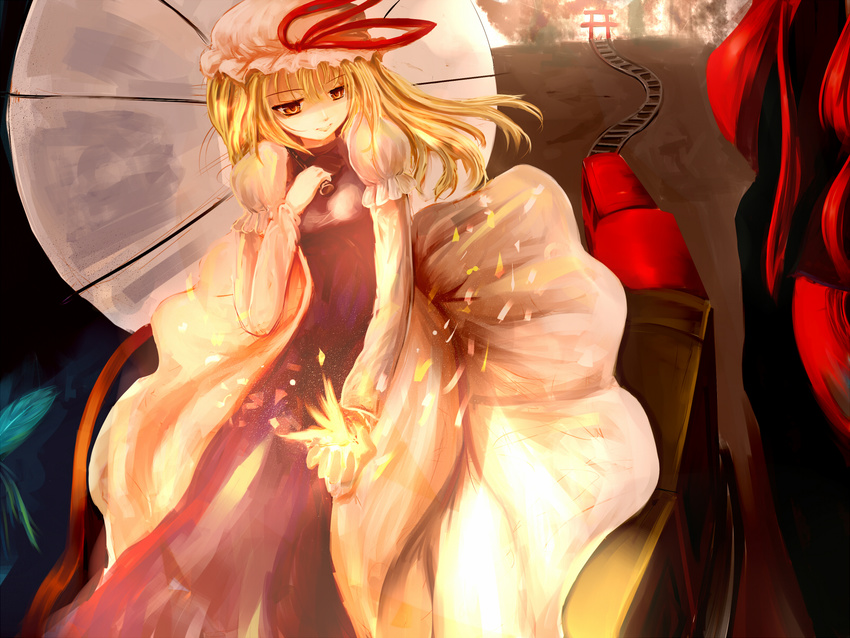 bad_id bad_pixiv_id blonde_hair breasts dress ground_vehicle hat hat_ribbon helrouis highres long_hair railroad_tracks red_eyes ribbon small_breasts solo torii touhou train umbrella yakumo_yukari