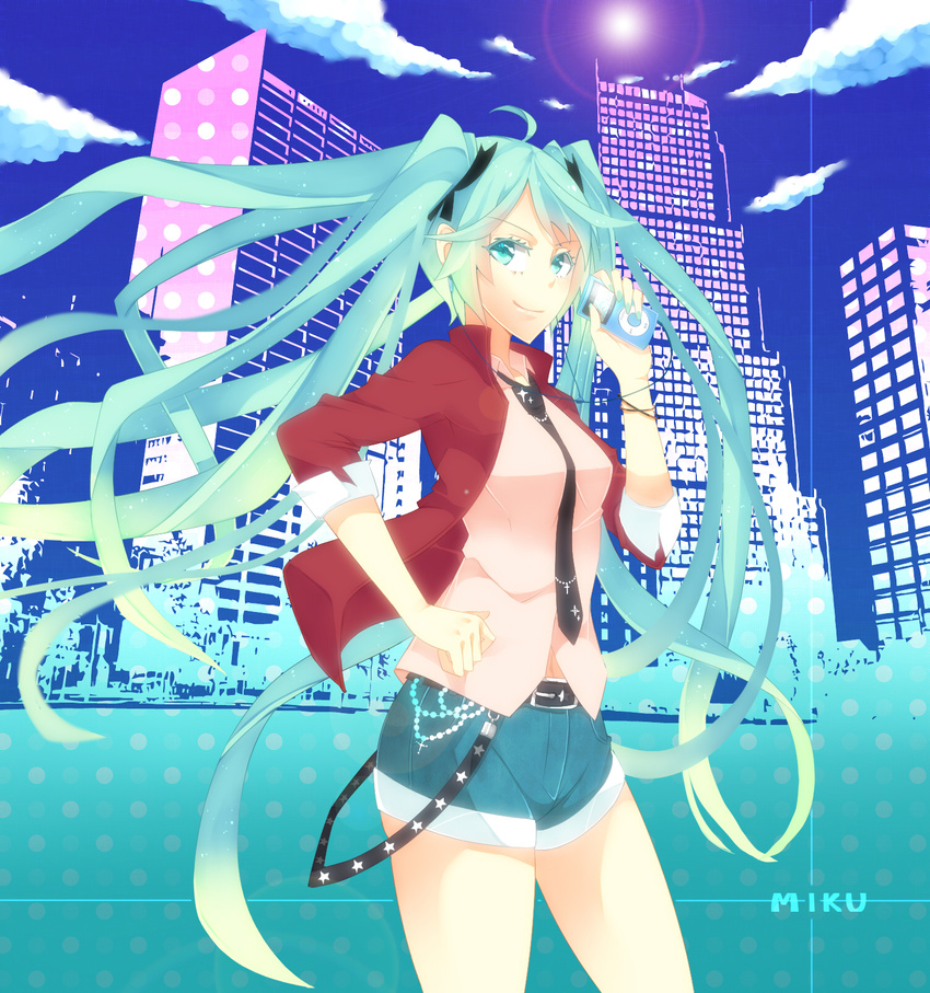 ahoge aqua_eyes aqua_hair belt city cloud colorized digital_media_player earbuds earphones hatsune_miku highres ipod long_hair mosa necktie short_shorts shorts sky smile solo twintails very_long_hair vocaloid zeroshiki_kouichi