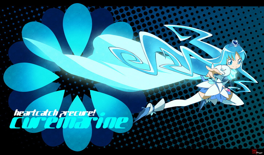 aqua_hair black_background blue blue_background blue_eyes blue_skirt cape character_name copyright_name cure_marine glowing glowing_hair halftone halftone_background heartcatch_precure! high_heels highres kurumi_erika looking_at_viewer pointing precure shoes skirt solo souji thighhighs