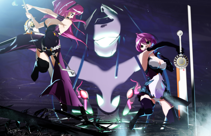 battle black_eyes breasts cleavage dual_persona duel elbow_gloves gloves large_breasts long_hair medium_breasts megurine_luka multiple_girls open_mouth pink_hair short_hair skirt sword tso_(anarchylily) twintails vocaloid weapon