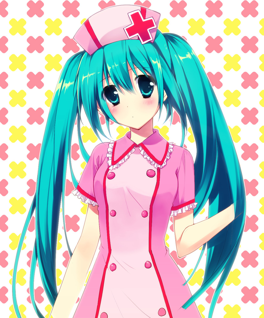 aqua_eyes aqua_hair bad_id bad_pixiv_id blush chany hat hatsune_miku head_tilt highres koiiro_byoutou_(vocaloid) long_hair nurse nurse_cap solo twintails very_long_hair vocaloid